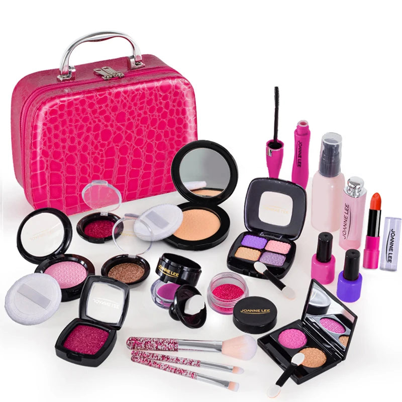 A pink crocodile-skin-patterned makeup toy set featuring various cosmetic items and a matching pink suitcase.