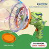 Green dinosaur bubble blaster toy with a large bubble and an orange liquid tray accessory