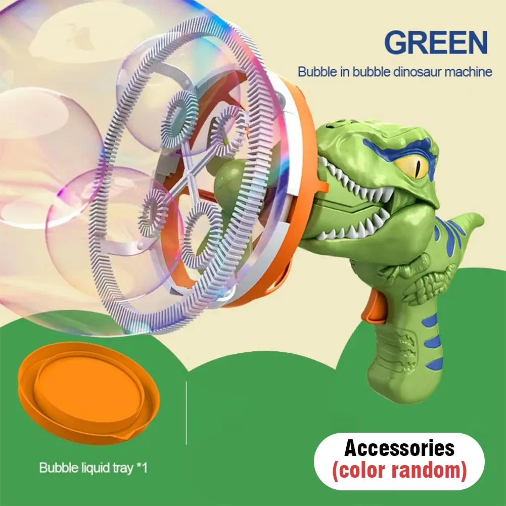Green dinosaur bubble blaster toy with a large bubble and an orange liquid tray accessory
