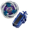 A Beyblade starter set featuring a silver gyroscope with a purple and blue inner mechanism and a blue launcher.