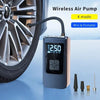 A portable wireless air pump device with a digital display is shown next to a car tire.