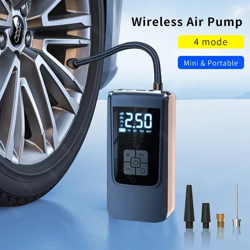 A portable wireless air pump device with a digital display is shown next to a car tire.
