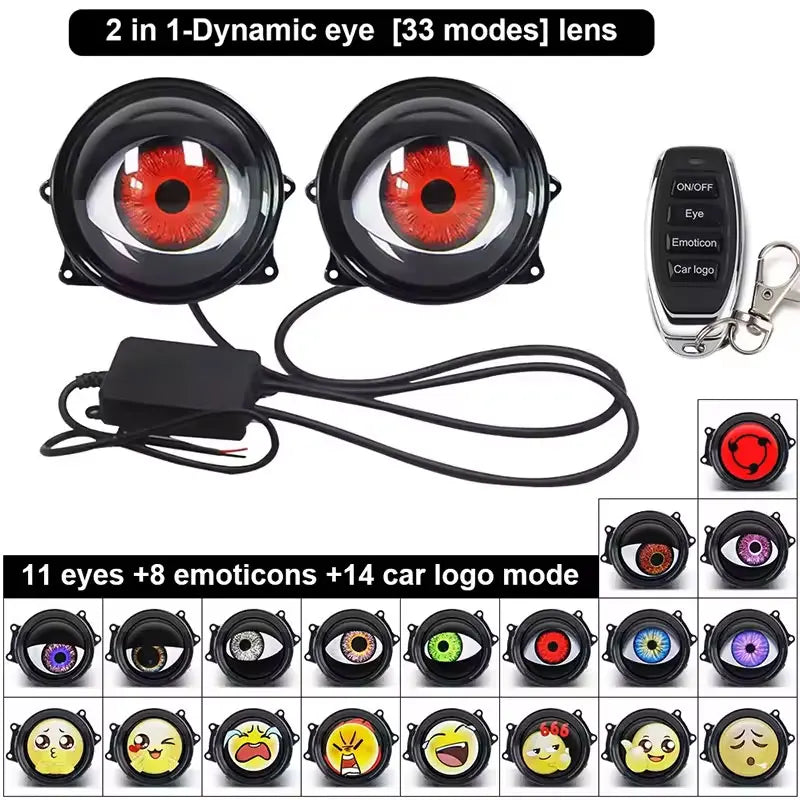 A set of 11 devil eye LED headlights with remote control, featuring various modes including emoticons and car logos.