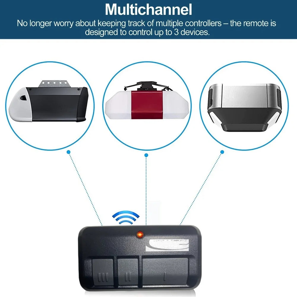 A black garage door remote control is shown with a wireless signal icon above it.