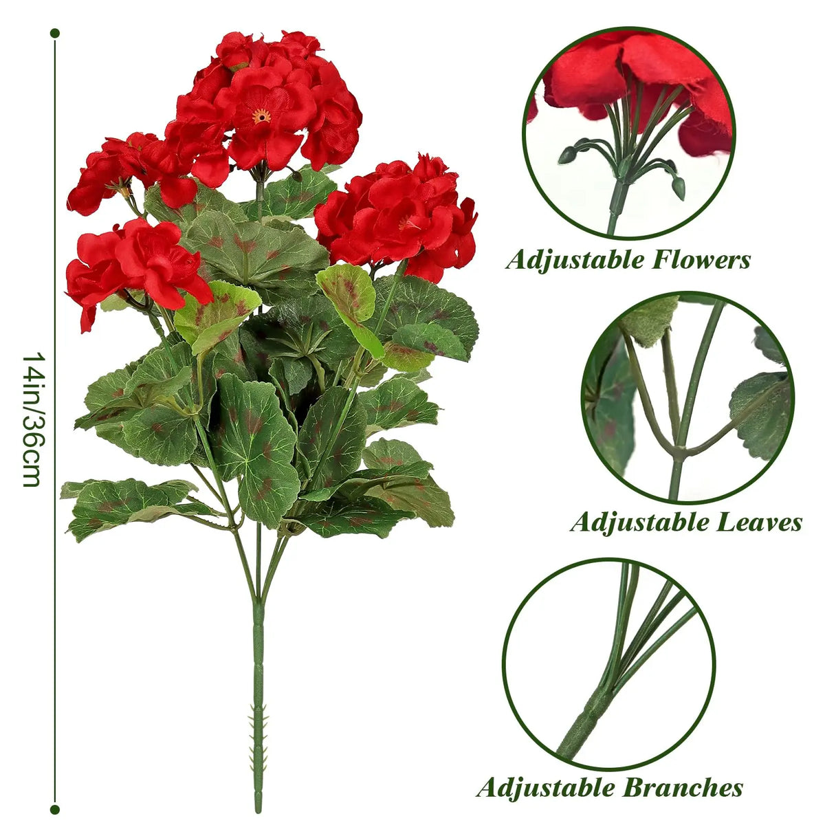 Artificial geranium bouquet showing adjustable flowers, leaves, and branches.