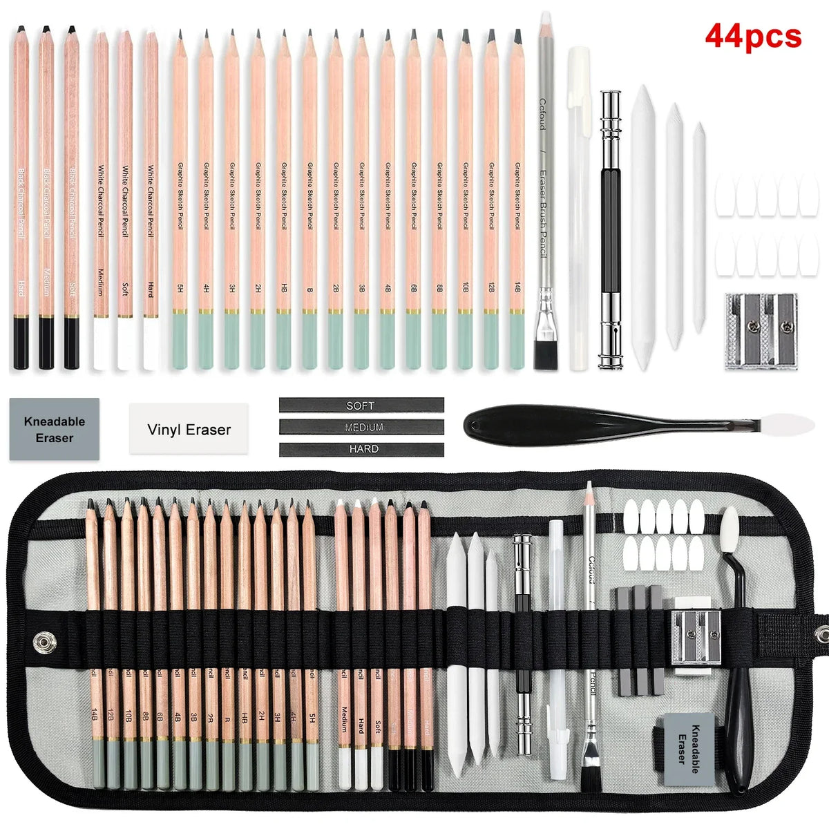 A collection of 44 drawing pencils including graphite, charcoal, and vinyl erasers packaged in a black case.