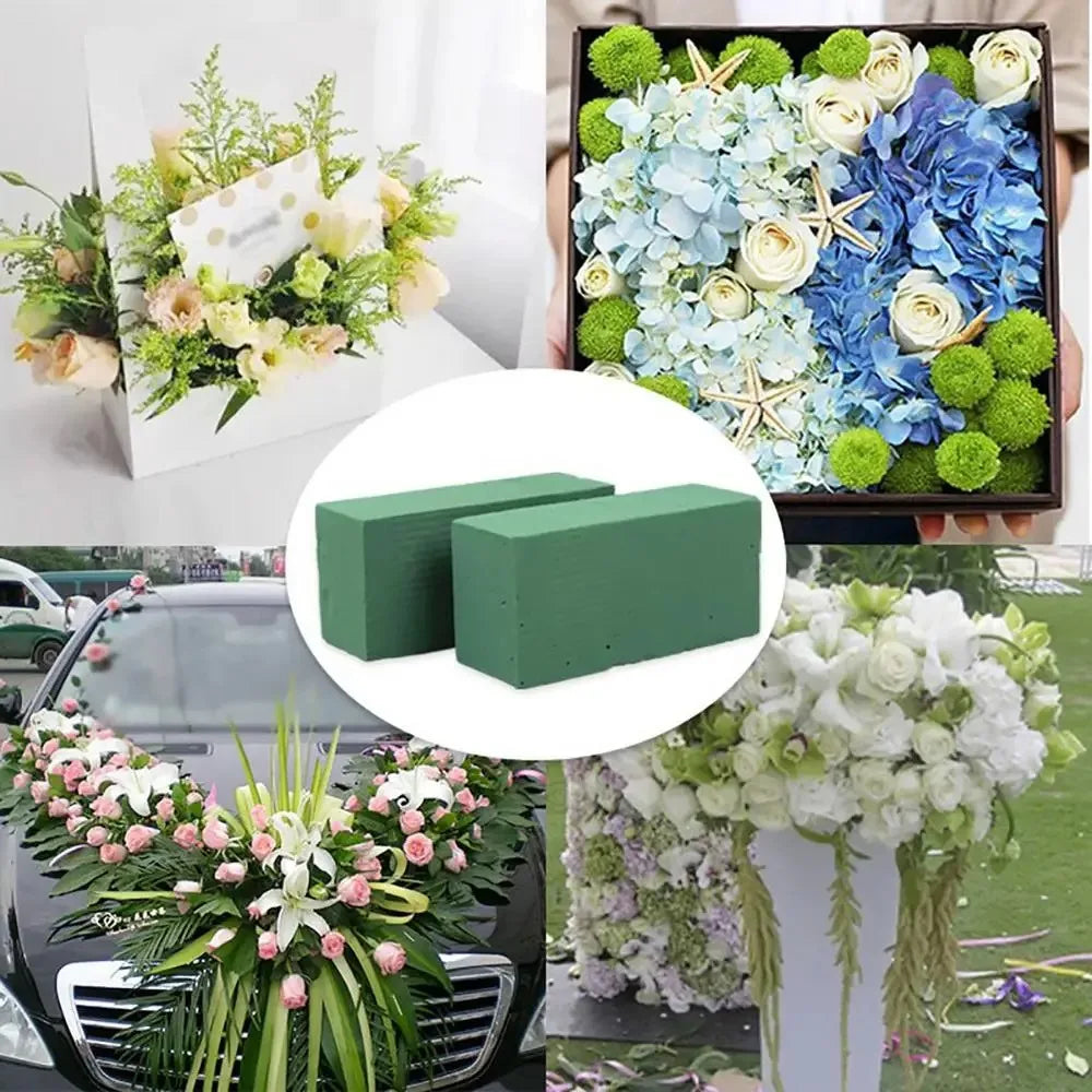 A square block of green floral foam used for flower arrangements.
