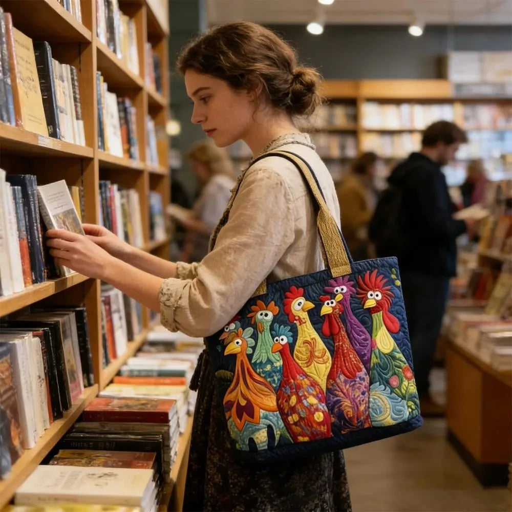 A woman holds a colorful vintage quilted tote bag while browsing books in a bookstore.