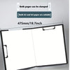 A black clip folder with a protective cover is shown open, demonstrating that both A3 and A4 paper can be clamped.