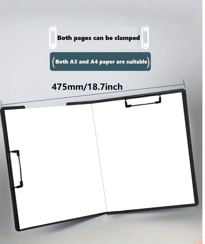 A black clip folder with a protective cover is shown open, demonstrating that both A3 and A4 paper can be clamped.