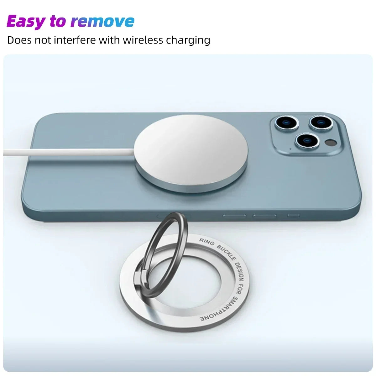 A magnetic phone holder ring stand is shown resting on a light blue smartphone.