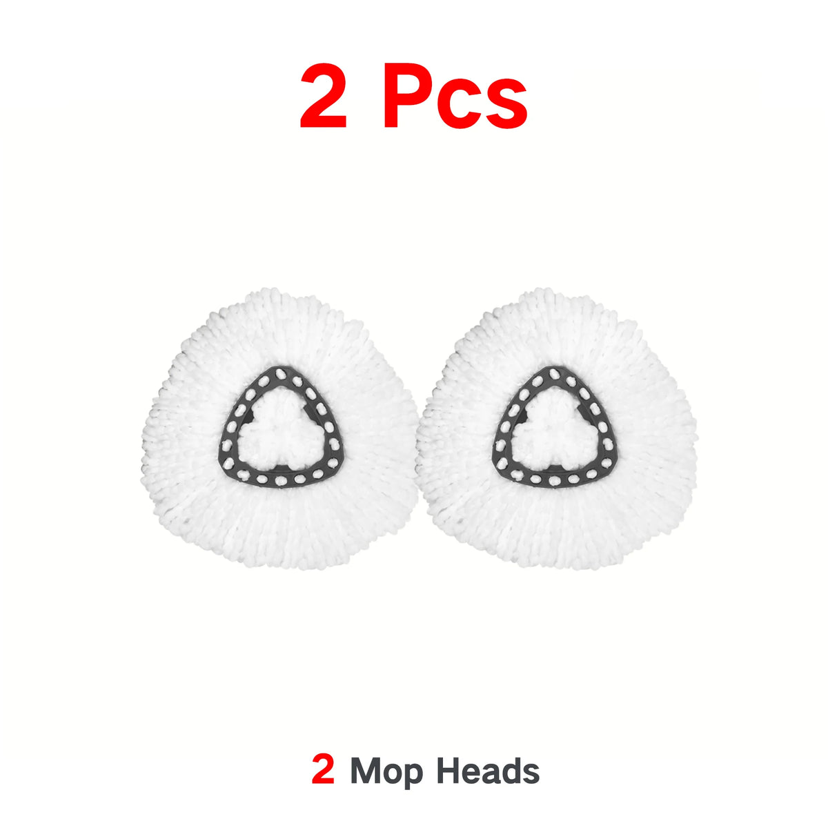 Two white microfiber mop heads are shown, suitable for replacement in spin mop systems.