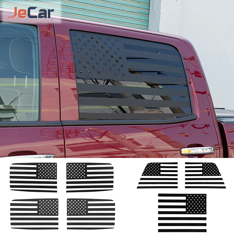 Rear window decorative trim cover for Chevy Silverado and GMC Sierra showing various American flag designs.