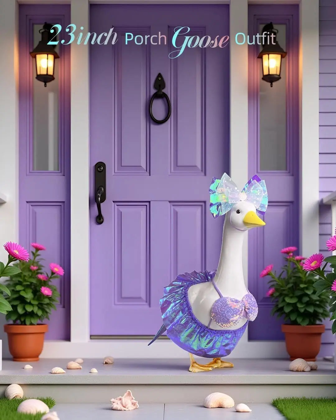 A white lawn goose statue wearing a purple mermaid bikini costume standing in front of a purple door.