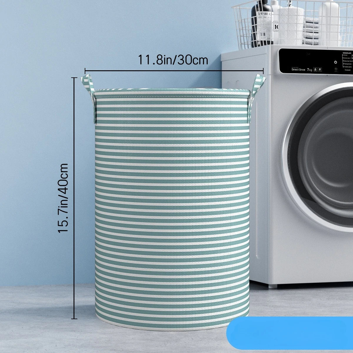 A tall, cylindrical striped laundry basket with handles is shown next to a washing machine.