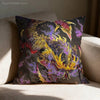 A decorative cushion cover featuring a vibrant, stylized print of the Monster Hunter Rathalos and Nargacuga in fiery colors.