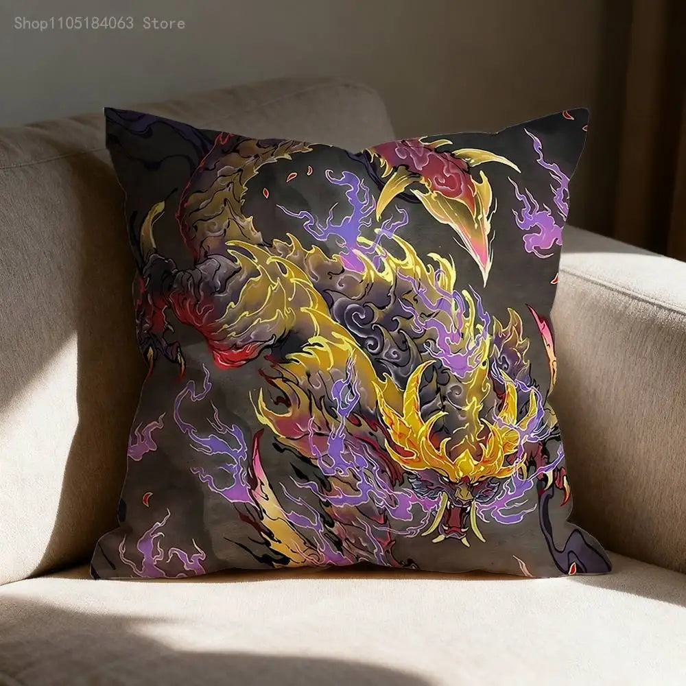 A decorative cushion cover featuring a vibrant, stylized print of the Monster Hunter Rathalos and Nargacuga in fiery colors.