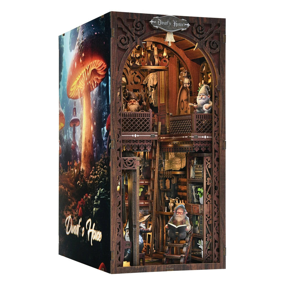A wooden book nook kit featuring an enchanted owl bookstore design with built-in lighting and detailed miniature scenes.