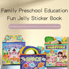 A colorful sticker book for preschool education featuring fairy tale, space, and shopping themes.