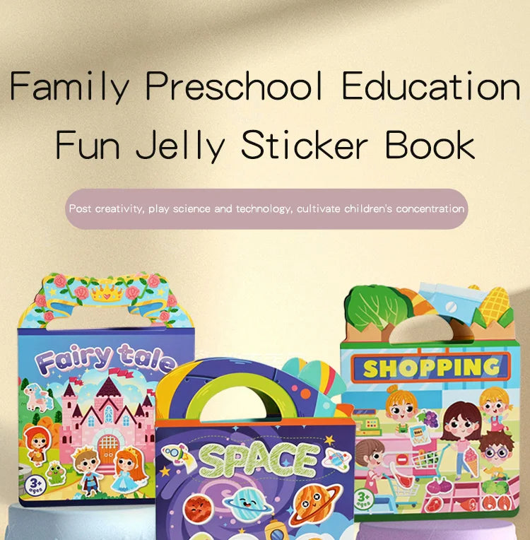 A colorful sticker book for preschool education featuring fairy tale, space, and shopping themes.