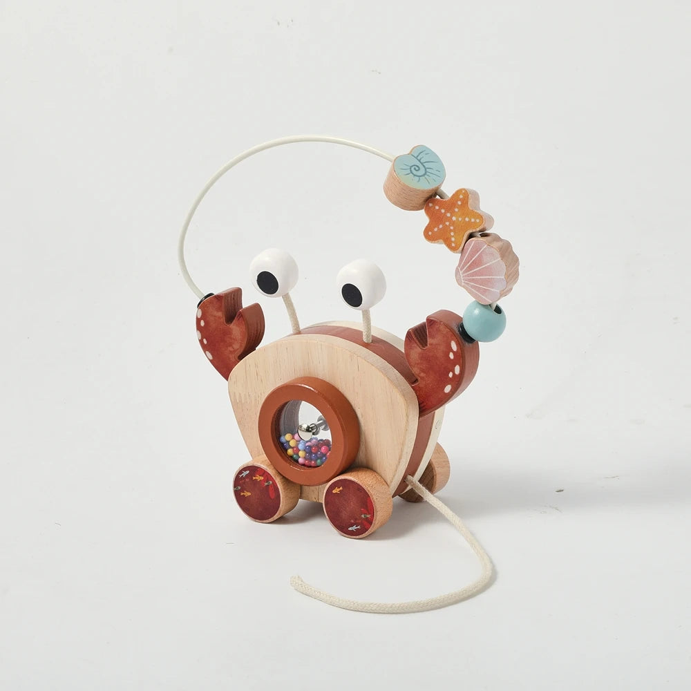 Montessori Wooden Crab Pull Toy with Bead Maze and Life Skills Activities