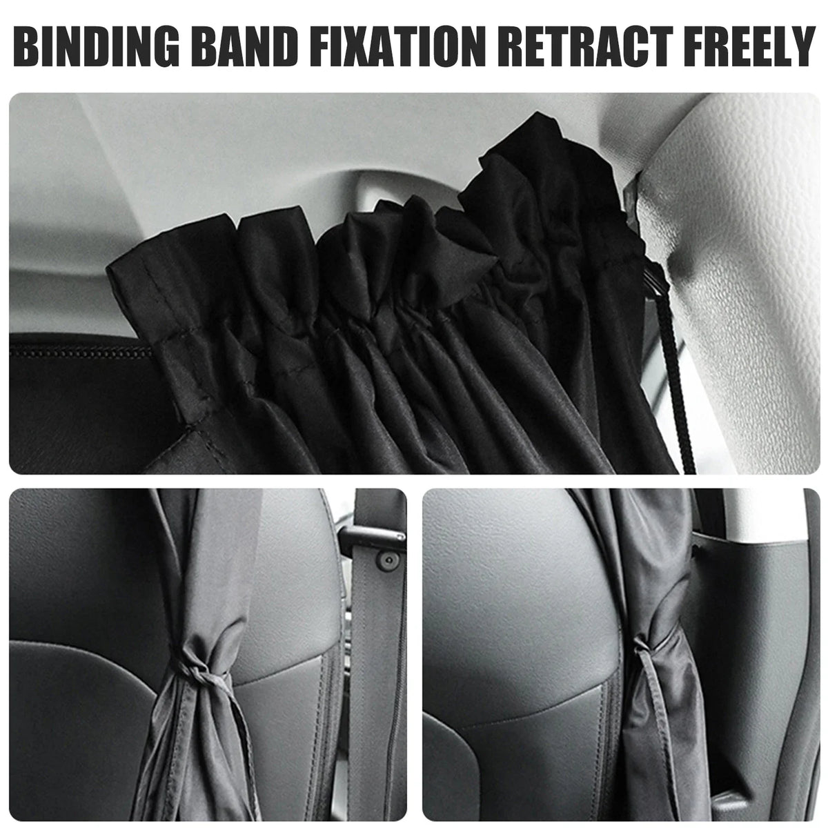 Black binding band fixation retract freely on a car window privacy divider curtain.