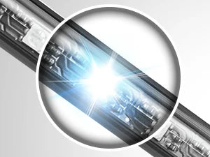 Close-up view of a bright blue light emanating from an LED strip inside a car interior, highlighting the lighting kit.
