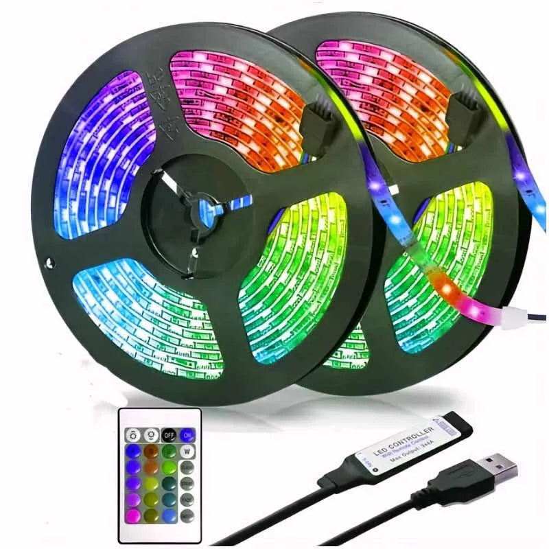 A set of two multicolor RGB LED light discs and a remote controller for lighting effects