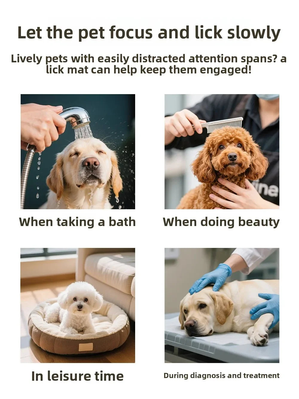 A silicone lick mat for dogs and cats with suction cups shown in various contexts like bathing, beauty routines, leisure time