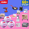 A collection of Mini Brands miniature furniture toys and accessories displayed on a pink background.