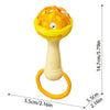 A yellow baby sensory spinning rattle toy with a handle and ring for grasping