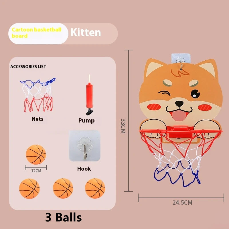 An orange cartoon fox basketball hoop set including nets, a pump, hook, and three balls.