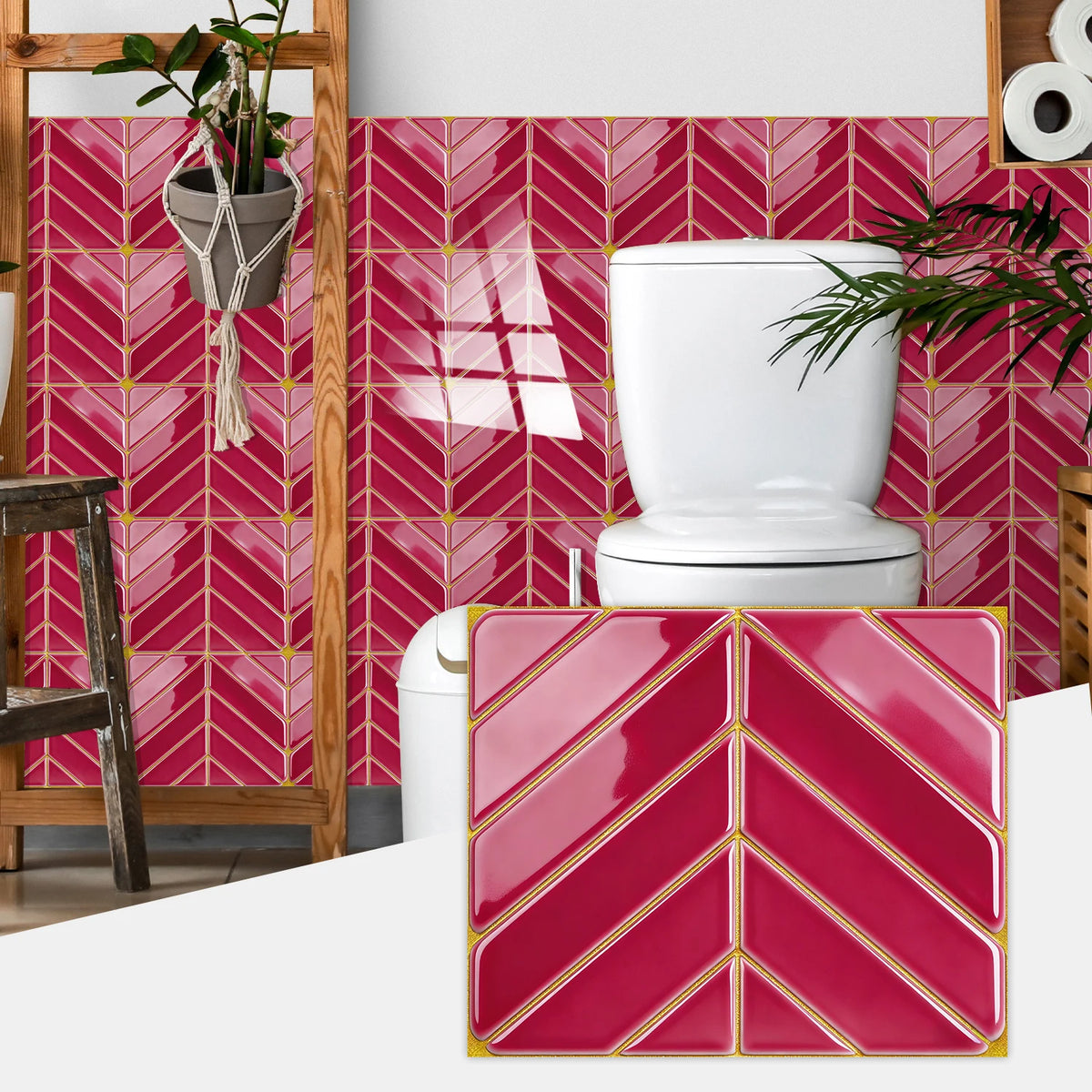 Glossy pink and white herringbone marble peel-and-stick tiles covering a bathroom wall.