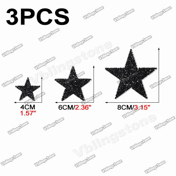 Three glitter rhinestone star patches of different sizes: 4cm, 6cm, and 8cm.