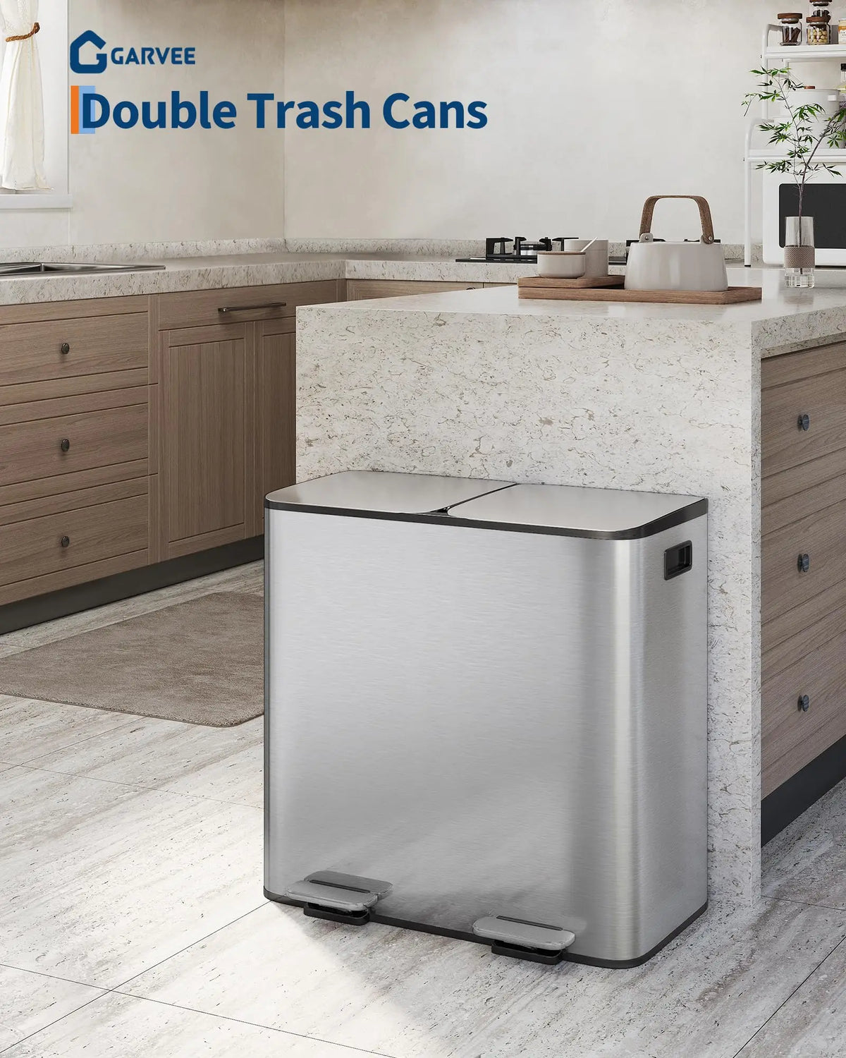A stainless steel double trash can is shown on a kitchen counter next to wooden cabinetry.