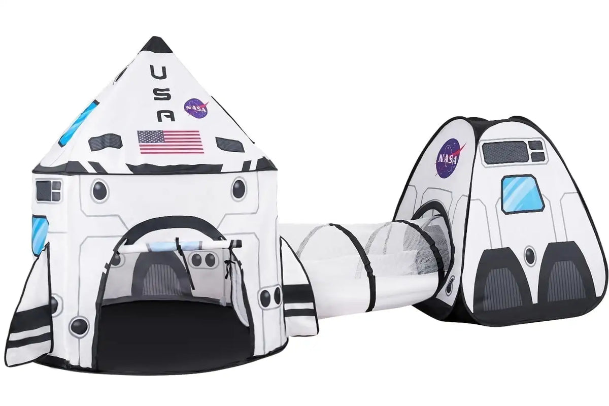 A 3-piece rocket ship play tent set featuring a main tent, a tunnel, and a cube tent.