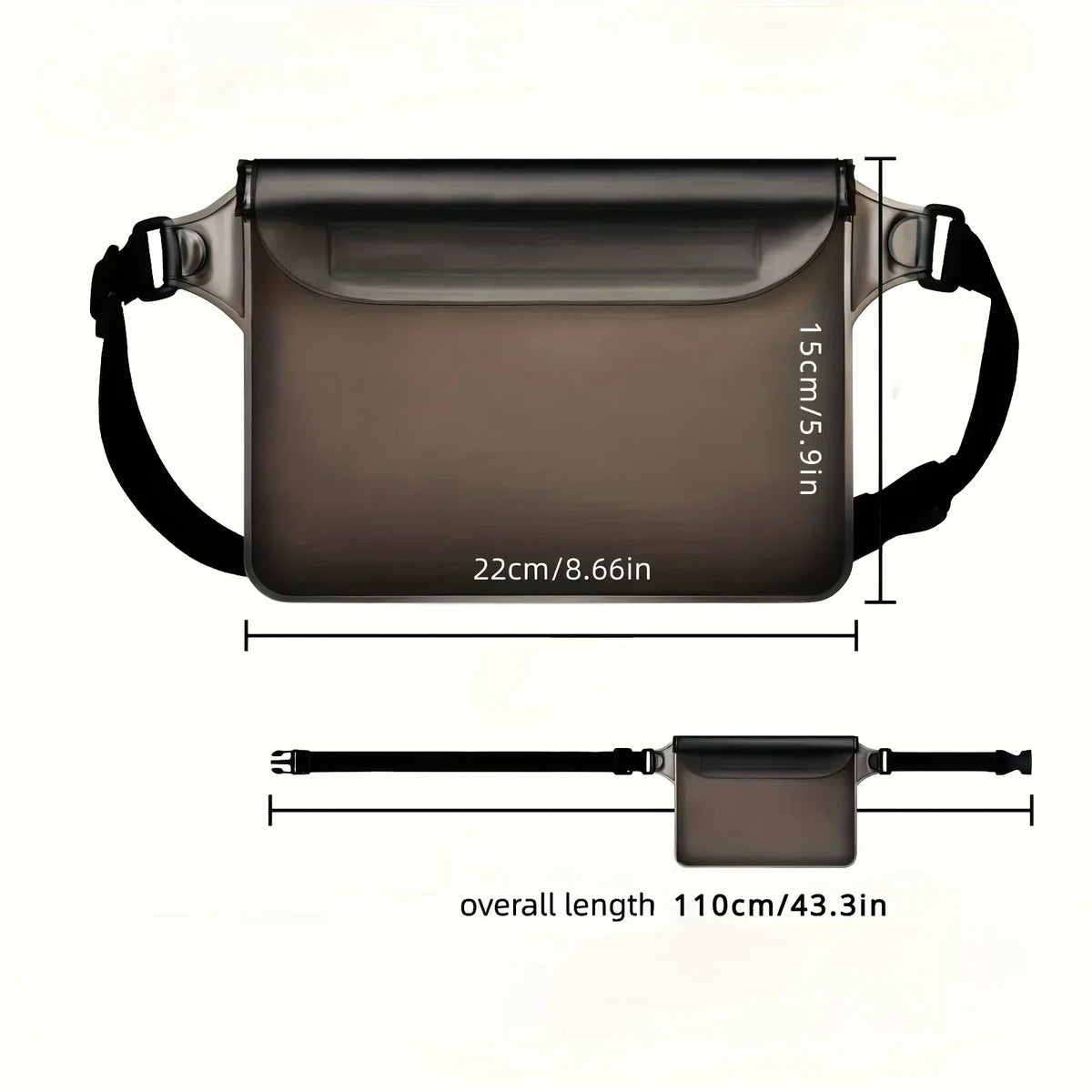 A brown waterproof phone waist pouch with a touchscreen and adjustable strap, shown from the top and side.