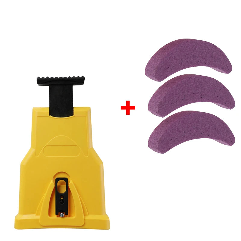 Yellow portable chainsaw sharpener tool with a black handle and three purple sharpening stones.