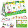 A set of green flashcards featuring CVC words like cat and other consonant combinations for early reading practice