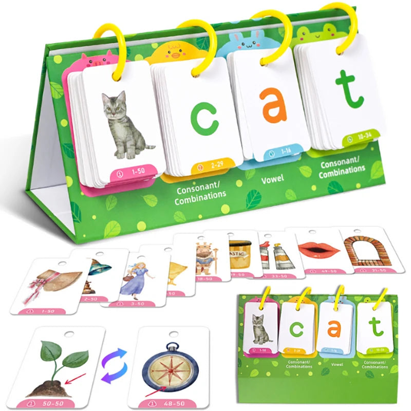 A set of green flashcards featuring CVC words like cat and other consonant combinations for early reading practice