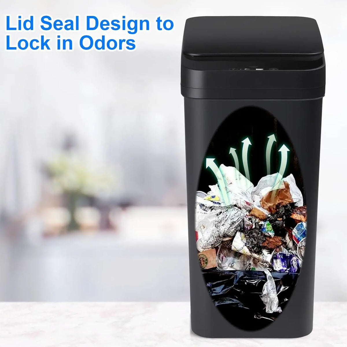 A black slim trash can with an oval window showing crumpled waste and green arrows indicating odor sealing.