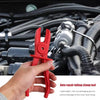 A hand holds a red 3-piece hose clamp pliers set used for auto repair on a car engine component.