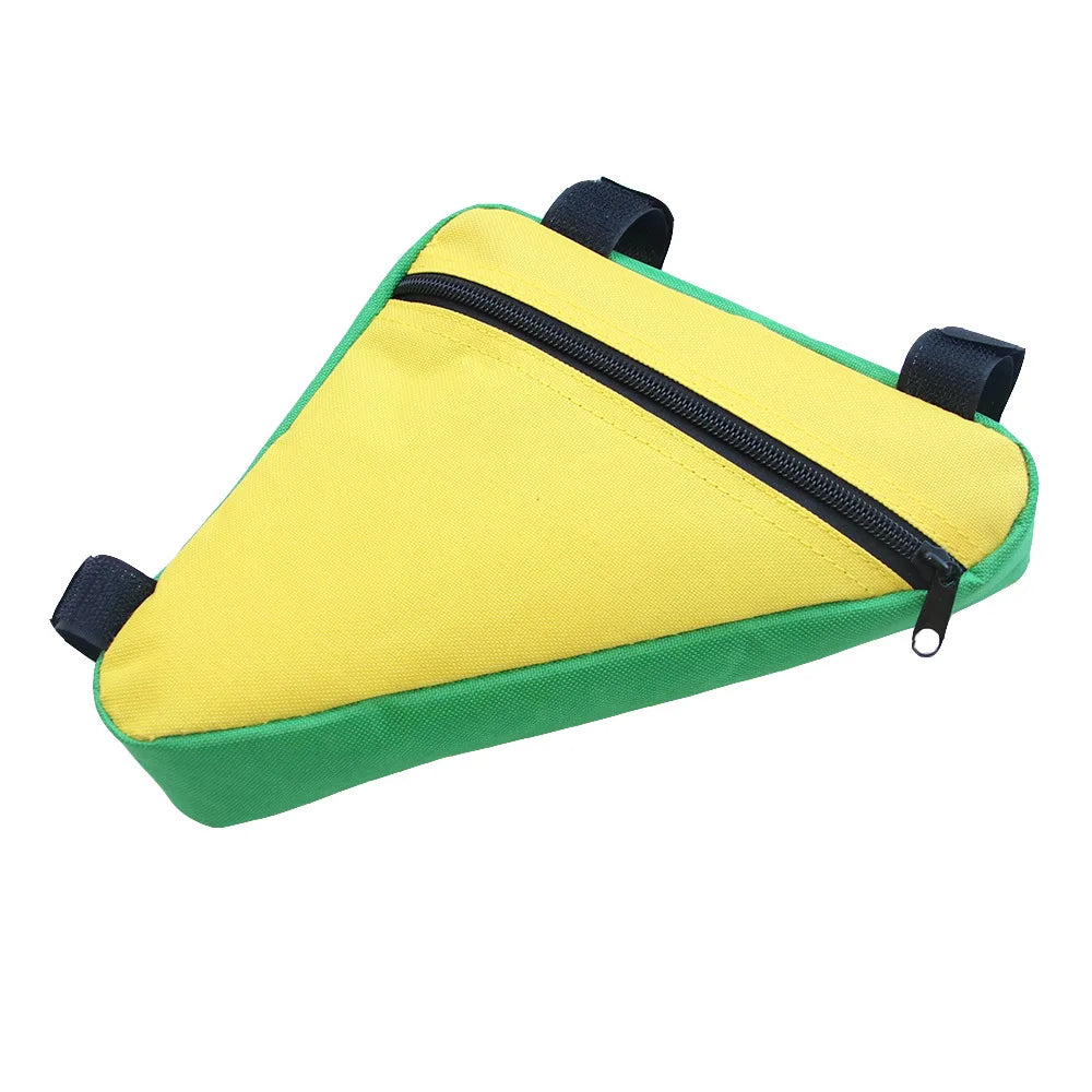 Yellow and green waterproof bike frame bag with black Velcro straps