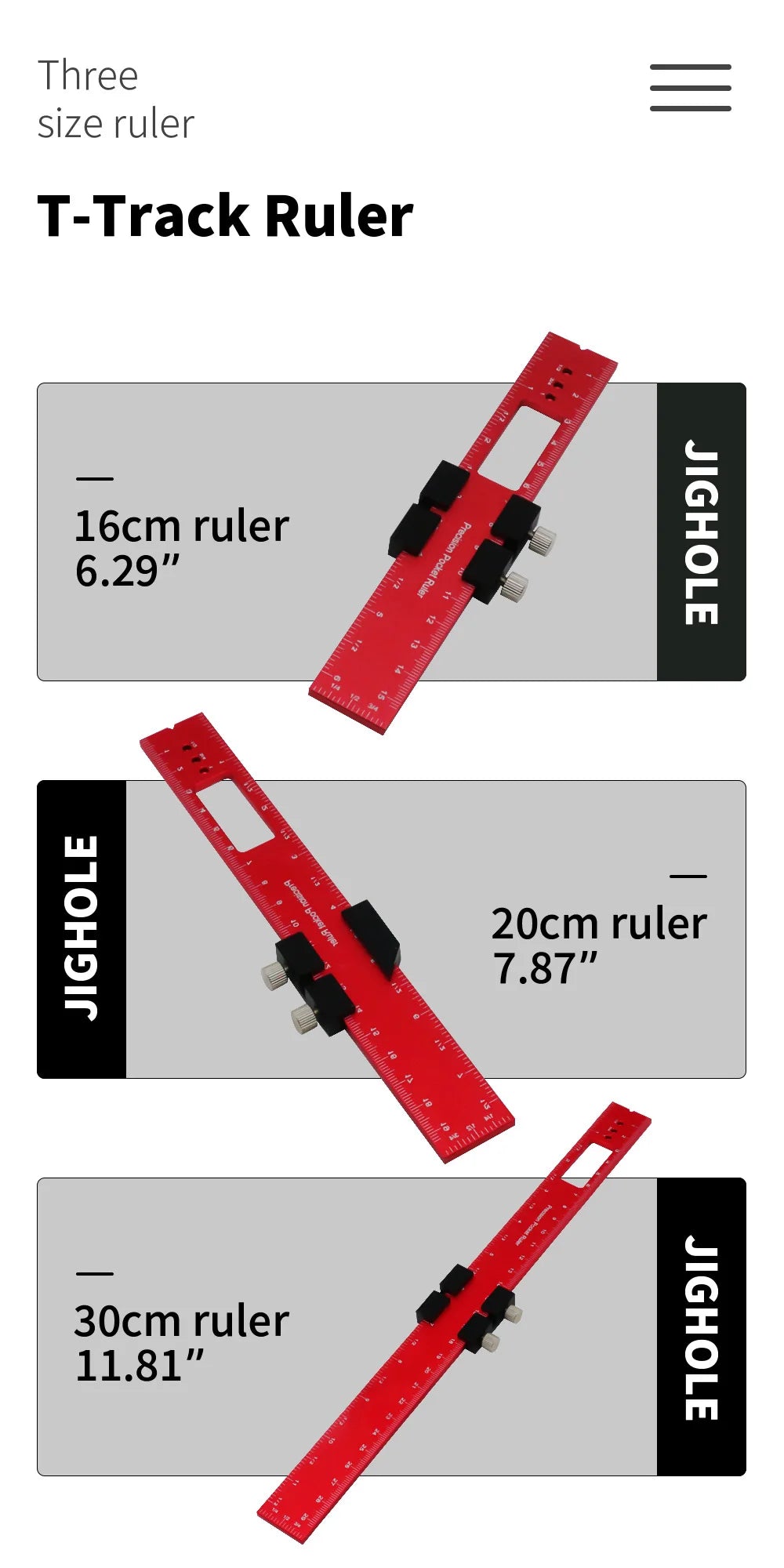 Three size T-Track rulers in red, measuring 16cm, 20cm, and 30cm.
