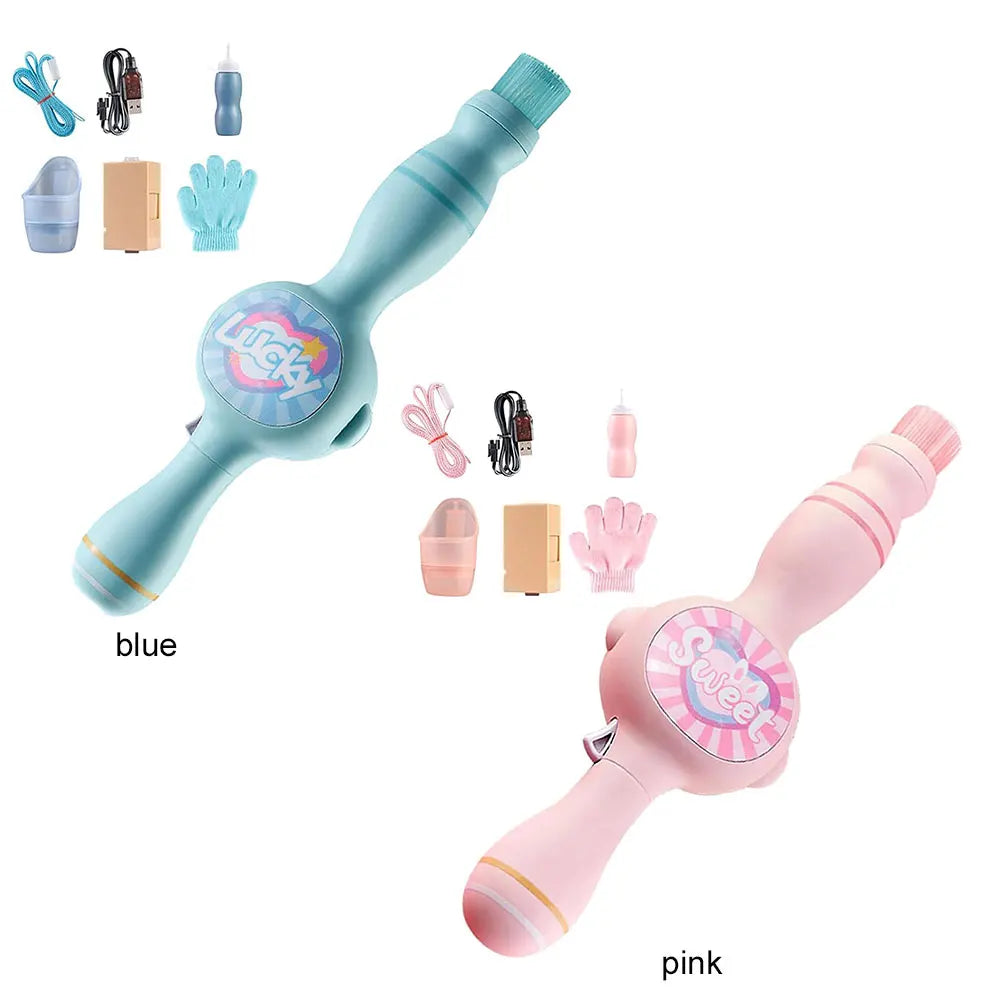 A set of blue and pink magic smoke bubble machines with colorful lights and accessories.
