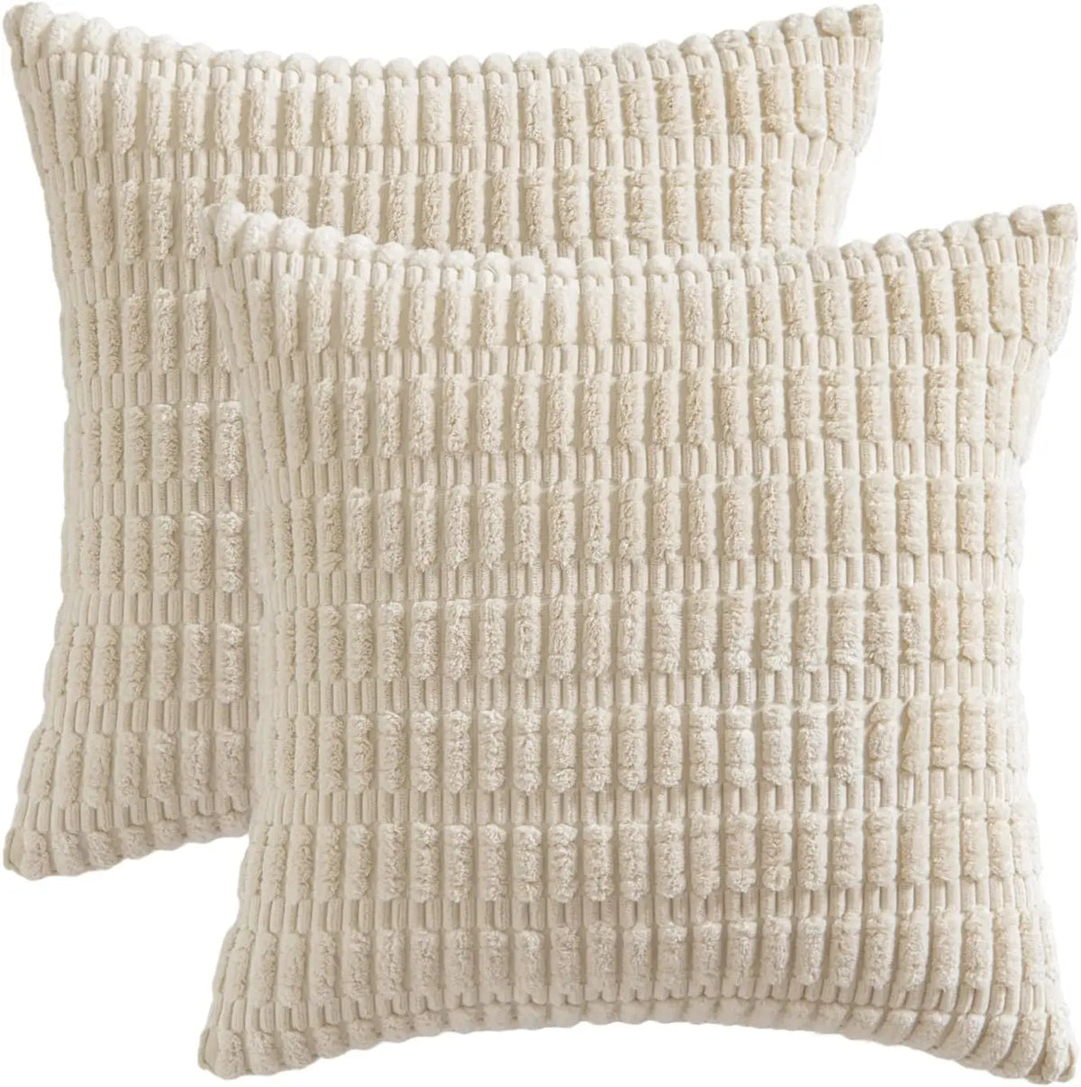 A beige corduroy throw pillow cover with a textured, vertical ribbed pattern.