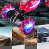 A black and red RC stunt car is shown in various climbing and stunt dancing poses against a textured background.