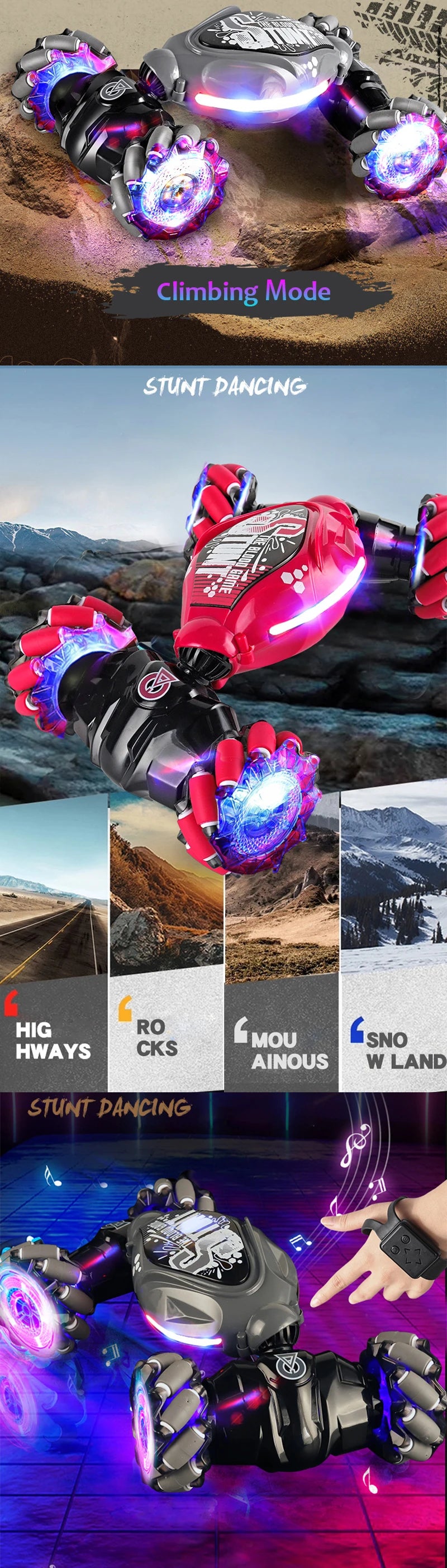 A black and red RC stunt car is shown in various climbing and stunt dancing poses against a textured background.