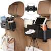 A black backseat car organizer with cup holders and hooks is shown inside a tan car seat.