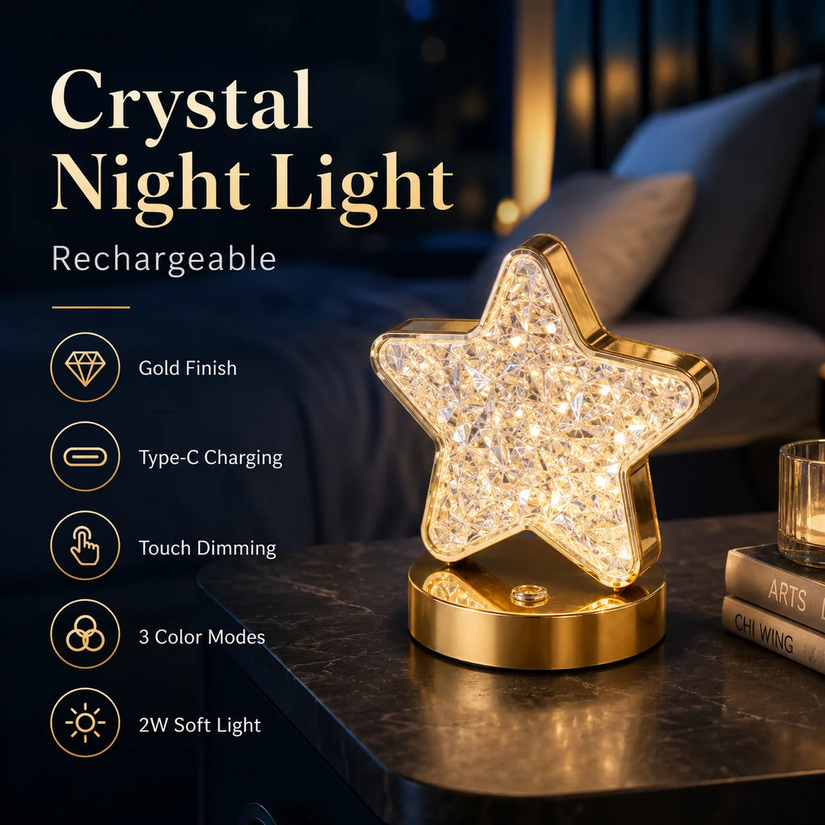 A gold-finished star-shaped rechargeable night light with touch dimming and three color modes resting on a dark surface.